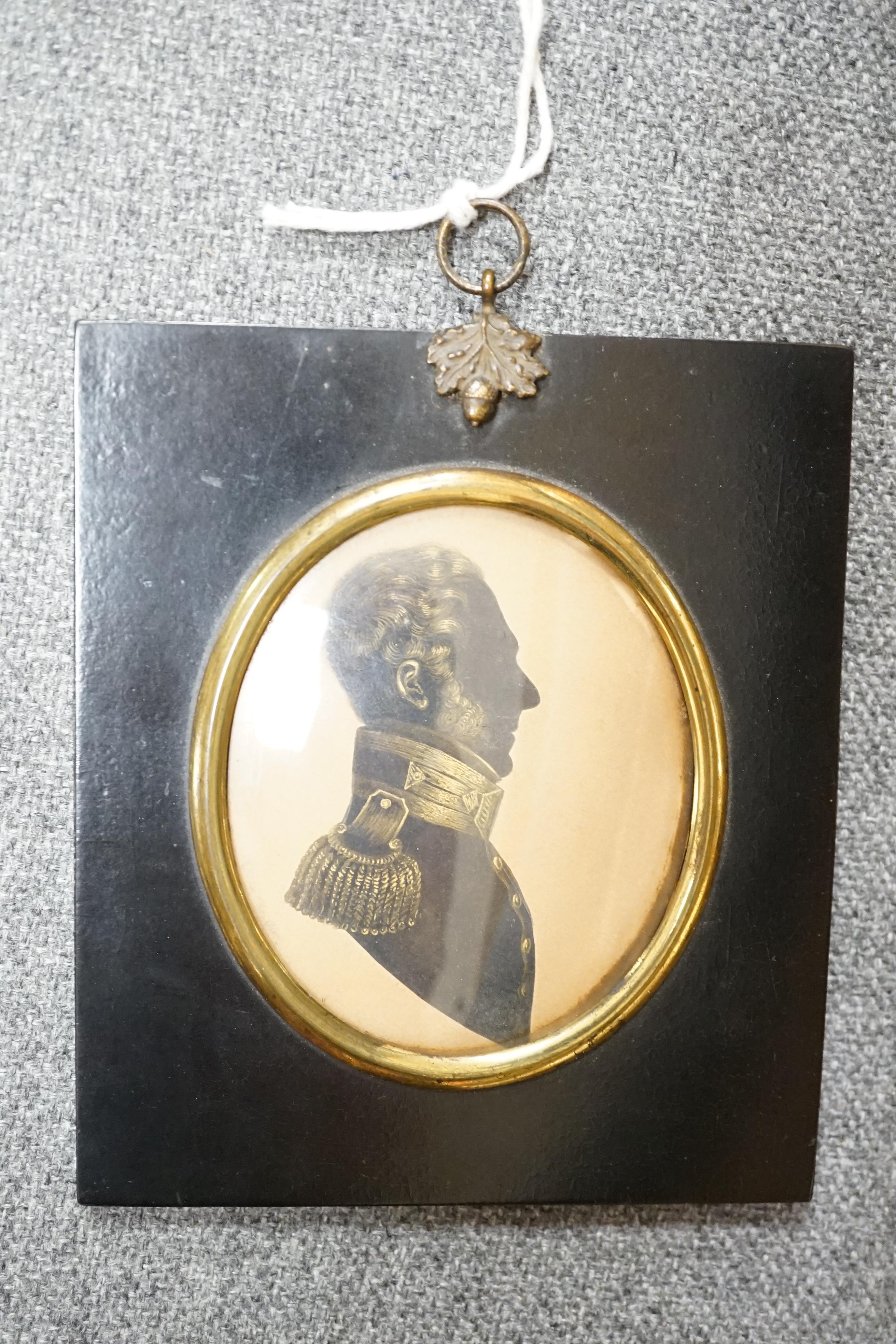 19th century, cut paper and bronzed silhouette of Capt H.Cardew, late Royal Engineers, 8.5 x 7cm, housed in an ebonised frame. Condition - fair